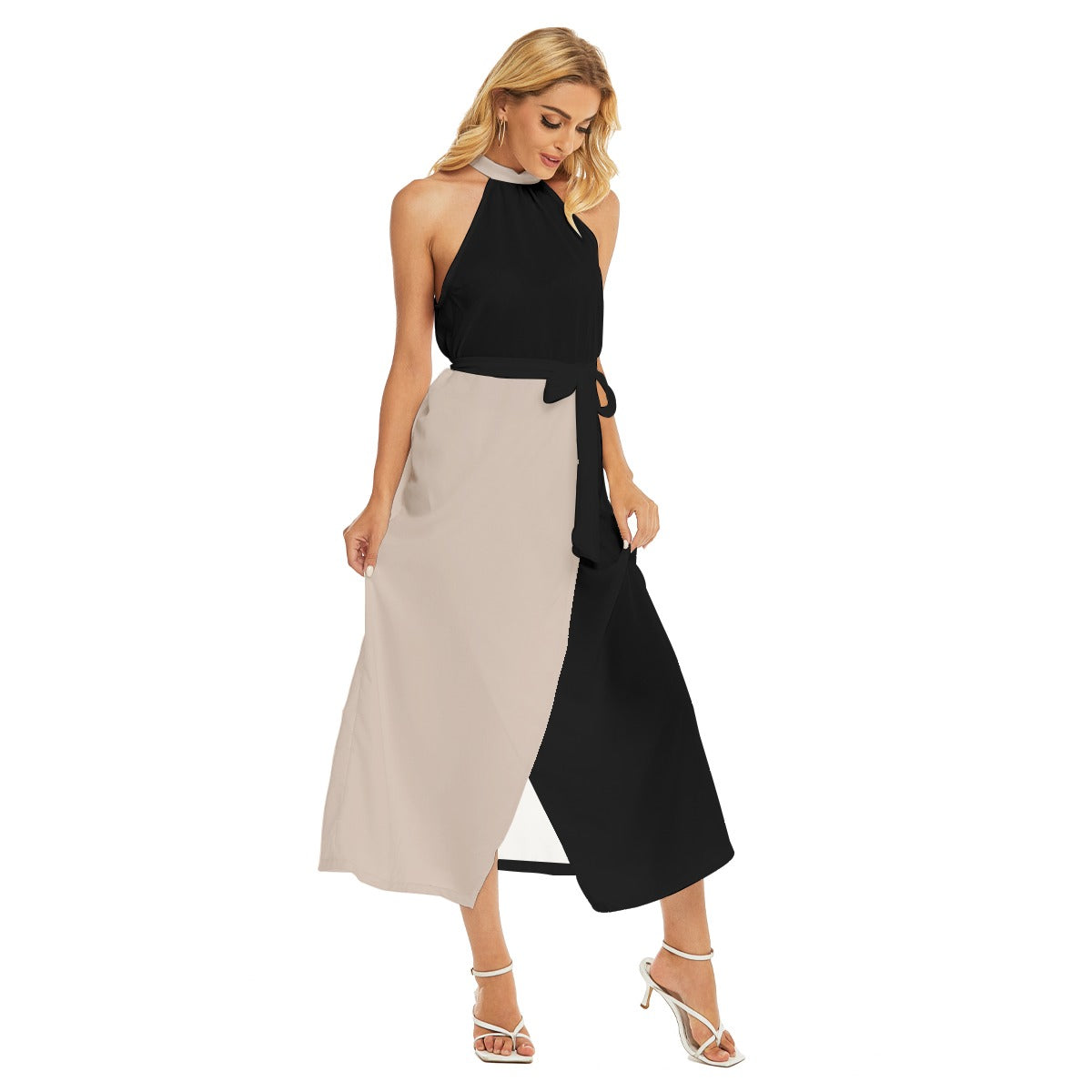 Wrap Hem Belted Halter Dress