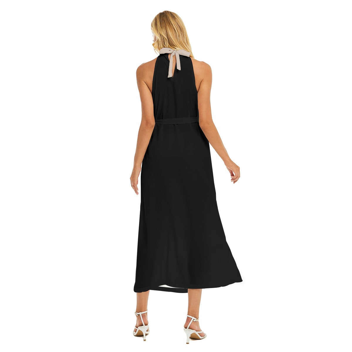 Wrap Hem Belted Halter Dress