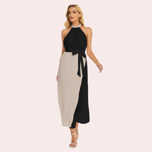 Wrap Hem Belted Halter Dress