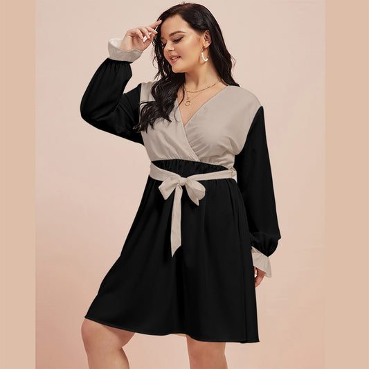 V-neck Dress With Waistband(Plus Size)